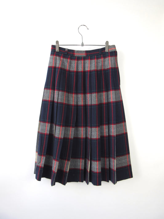 【used】wool plaid pleats skirt