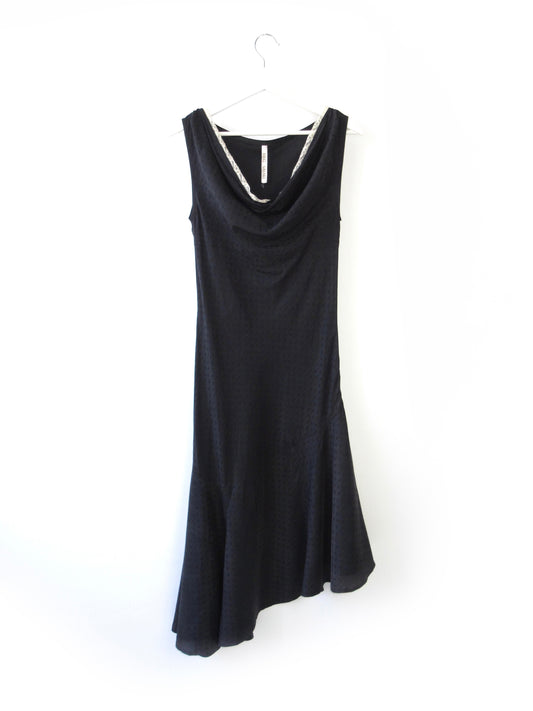 dark navy polka dots asymmetry dress